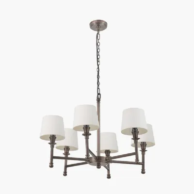Piero Antique Bronze Metal 6 Arm Pendant with Pelham 15cm White Handloom Tapered Candle Clip Lampshades