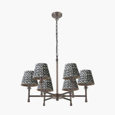 Piero Antique Bronze Metal 6 Arm Pendant with Vienna 16cm Black Chevron Mushroom Pleat Lampshade