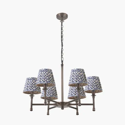 Piero Antique Bronze Metal 6 Arm Pendant with Vienna 16cm Blue Chevron Mushroom Pleat Lampshade
