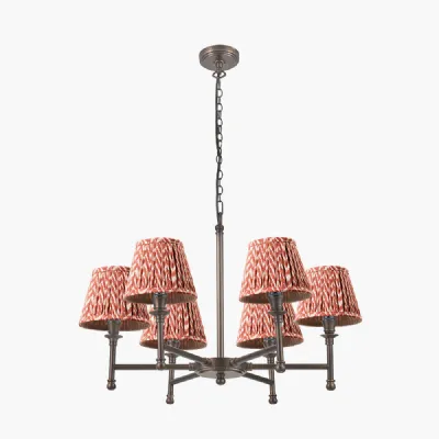 Piero Antique Bronze Metal 6 Arm Pendant with Vienna 16cm Red Chevron Mushroom Pleat Lampshade