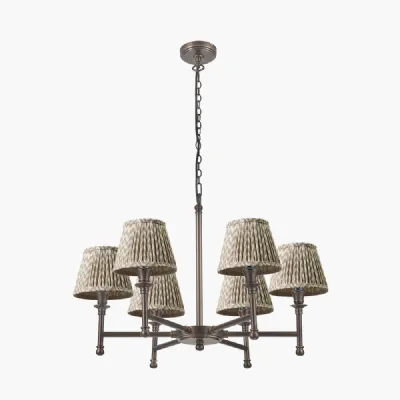 Piero Antique Bronze Metal 6 Arm Pendant with Vienna 16cm Taupe Chevron Mushroom Pleat Lampshade