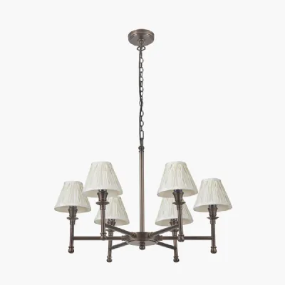 Piero Antique Bronze Metal 6 Arm Pendant with Garbo 15cm Cream Silk Mix Pinch Pleat Tapered Candle Clip Lampshades