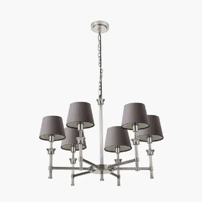 Salvatore Antique Silver Metal 6 Arm Pendant with Pelham 15cm Grey Handloom Tapered Candle Clip Lampshade
