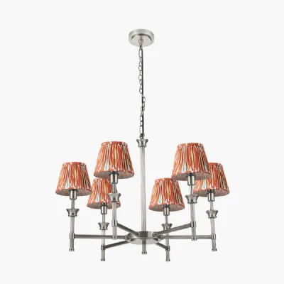 Salvatore Antique Silver Metal 6 Arm Pendant with Izara 16cm Cinnamon Ikat Patterned Mushroom Pleat Tapered Lampshade