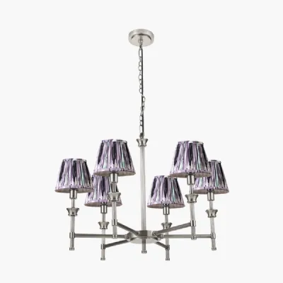 Salvatore Antique Silver Metal 6 Arm Pendant with Izara 16cm Lilac Ikat Patterned Mushroom Pleat Tapered Lampshade