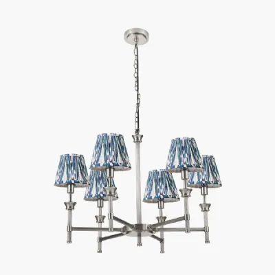 Salvatore Antique Silver Metal 6 Arm Pendant with Izara 16cm Ocean Blue Ikat Patterned Mushroom Pleat Tapered Lampshade