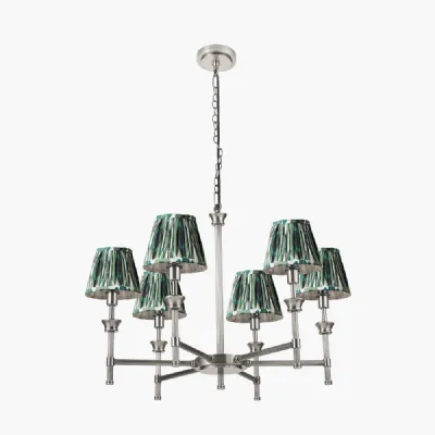 Salvatore Antique Silver Metal 6 Arm Pendant with Izara 16cm Racing Green Ikat Patterned Mushroom Pleat Tapered Lampshade
