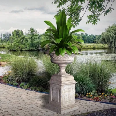 Classic Roman Stone Effect Polystone Garden Urn Planter with Pedestal Base 122cm