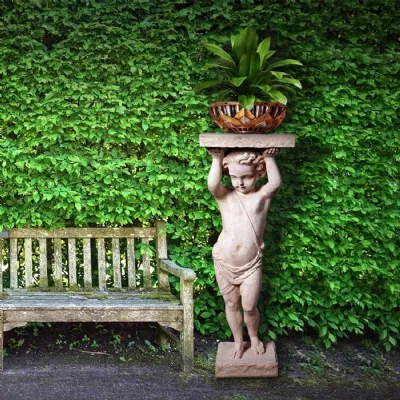 Roman Stone Finish Outdoor Cherub Pedestal 106cm