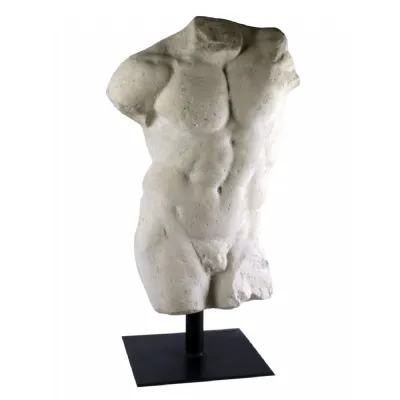Classic Roman Stone Male Torso Sculpture on Black Metal Stand 78cm