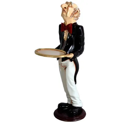 Black White Polyresin Waiter Figurine with Serving Tray 3ft