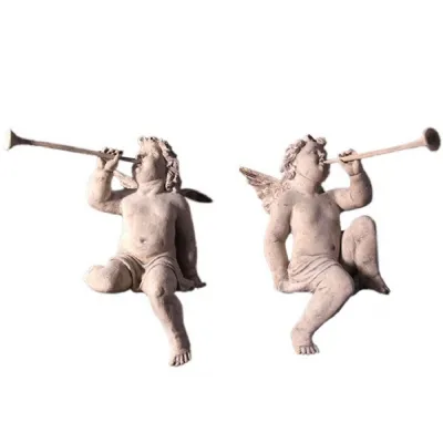 Pair of Cherubs Heralds 43cm Roman Stone Finish