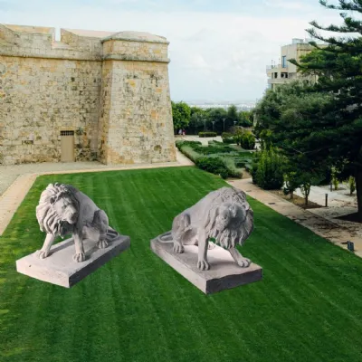 Stone Finish Polystone Lion Sculptures Set of 2