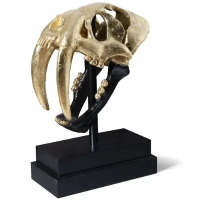 Saber Toothed Tiger Skull on Base 51cm Gold With Black Jaw