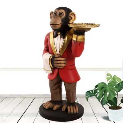 Modern Red Jacket Chimp Butler Figurine with Serving Tray 95cm