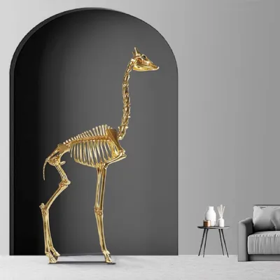 Gold Polyresin Giraffe Skeleton Sculpture with Leaf Finish