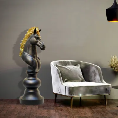 Black Gold Leaf Chess Knight Decor Sculpture 130cm