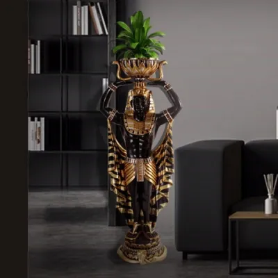 Black and Gold Egyptian Planter Statue with Bowl 135cm