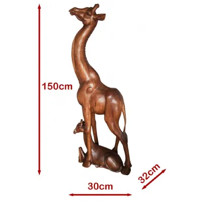 Natural Suar Wood Giraffe Sculpture with Calf Detail