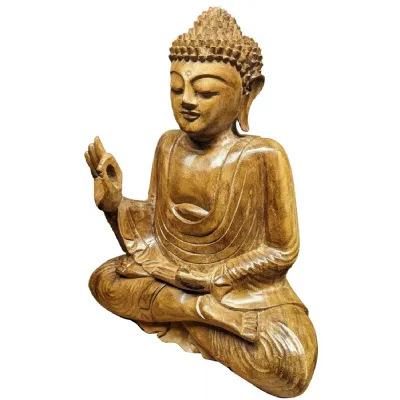 Natural Wooden Polished Meditating Buddha Statue 40cm
