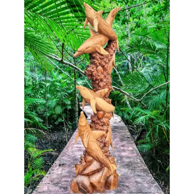Natural Suar Wood Sculpture Dolphins on Coral