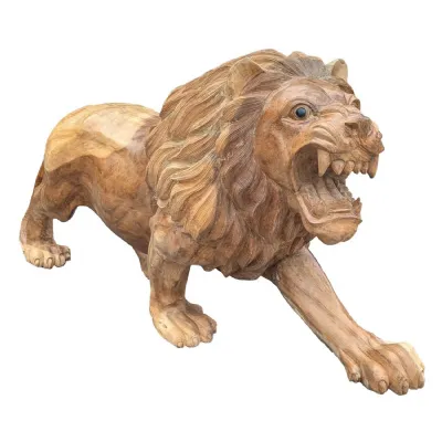 Natural Suar Wood Lion Sculpture with Hand Carved Detail