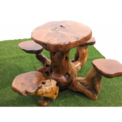 Natural Teak Wood Table Set with 4 Carved Stools