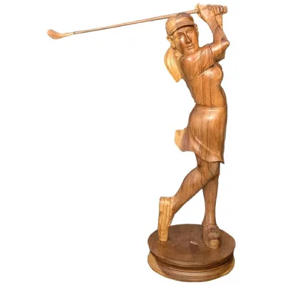 Natural Suar Wood Statue of Female Golfer Hand Carved 85cm
