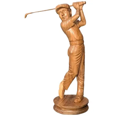 Natural Suar Wood Statue of Male Golfer Hand Carved 80cm