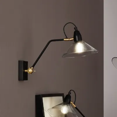 Black Metal and Clear Glass Cone Adjustable Wall Light