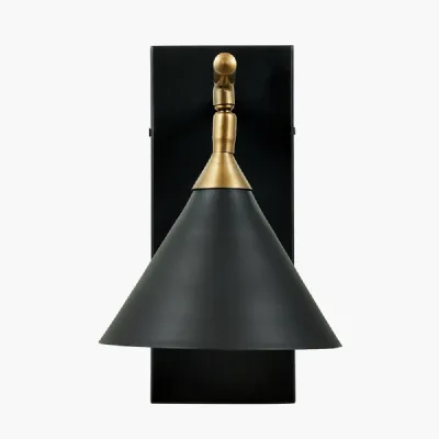 Matt Black and Antique Brass Metal Conical Wall Lamp