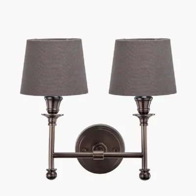 Piero Antique Bronze Metal Double Wall Light with Pelham 15cm Grey Handloom Tapered Lemon Clip Lampshades
