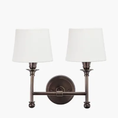 Piero Antique Bronze Metal Double Wall Light with Pelham 15cm White Handloom Tapered Lemon Clip Lampshades
