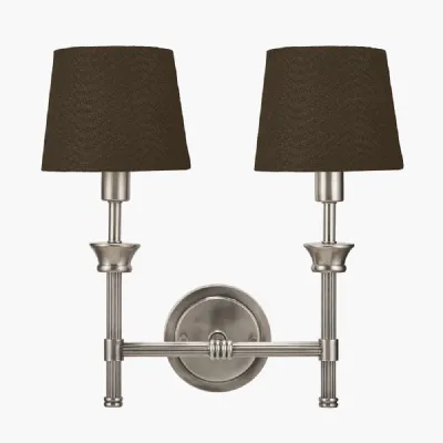 Salvatore Antique Silver Metal Double Wall Light with Pelham 15cm Grey Handloom Tapered Candle Clip Lampshade