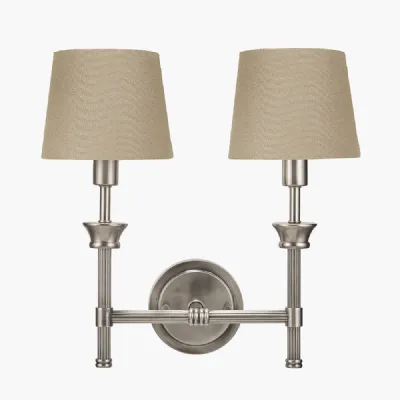 Salvatore Antique Silver Metal Double Wall Light with Pelham 15cm Taupe Handloom Tapered Candle Clip Lampshades