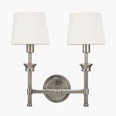 Salvatore Antique Silver Metal Double Wall Light with Pelham 15cm White Handloom Tapered Candle Clip Lampshades