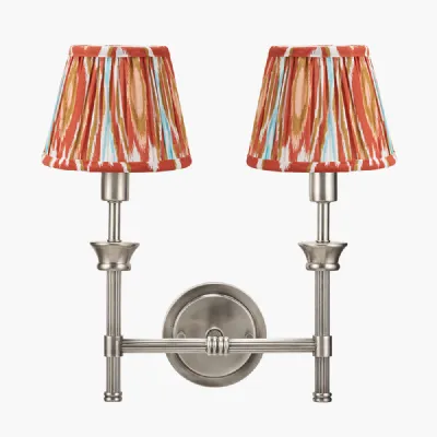 Salvatore Antique Silver Metal Double Wall Light with Izara 16cm Cinnamon Ikat Patterned Mushroom Pleat Tapered Lampshade