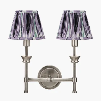 Salvatore Antique Silver Metal Double Wall Light with Izara 16cm Lilac Ikat Patterned Mushroom Pleat Tapered Lampshade