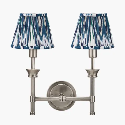 Salvatore Antique Silver Metal Double Wall Light with Izara 16cm Ocean Blue Ikat Patterned Mushroom Pleat Tapered Lampshade