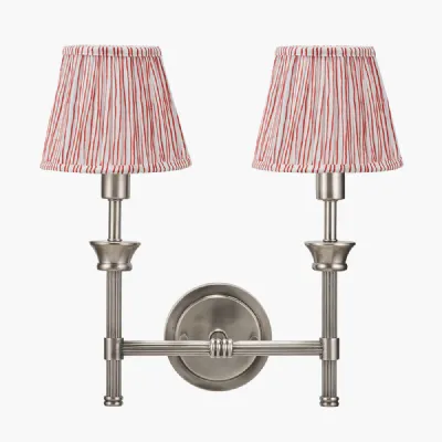 Salvatore Antique Silver Metal Double Wall Light with Thiago 16cm Cinnamon Stripe Mushroom Pleat Tapered Lampshade
