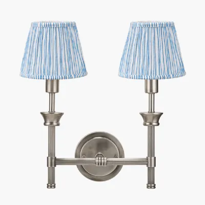 Salvatore Antique Silver Metal Double Wall Light with Thiago 16cm Ocean Blue Stripe Mushroom Pleat Tapered Lampshade