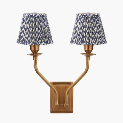 Tatiana Antique Brass Metal Double Wall Light with Vienna 16cm Blue Chevron Mushroom Pleat Lampshade