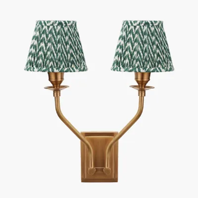 Tatiana Antique Brass Metal Double Wall Light with Vienna 16cm Forest Green Chevron Mushroom Pleat Lampshade