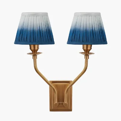 Tatiana Antique Brass Metal Double Wall Light with Scallop 16cm Blue Ombre Soft Pleated Tapered Lampshade