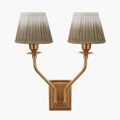 Tatiana Antique Brass Metal Double Wall Light with Scallop 16cm Taupe Ombre Soft Pleated Tapered Lampshade