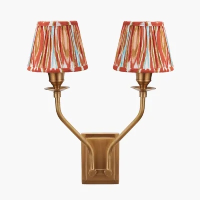 Tatiana Antique Brass Metal Double Wall Light with Izara 16cm Cinnamon Ikat Patterned Mushroom Pleat Tapered Lampshade