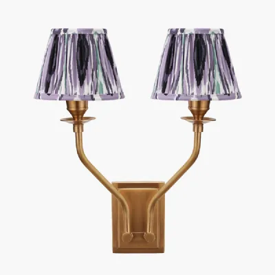 Tatiana Antique Brass Metal Double Wall Light with Izara 16cm Lilac Ikat Patterned Mushroom Pleat Tapered Lampshade