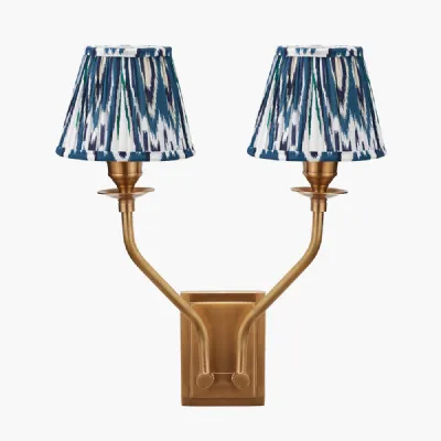 Tatiana Antique Brass Metal Double Wall Light with Izara 16cm Ocean Blue Ikat Patterned Mushroom Pleat Tapered Lampshade