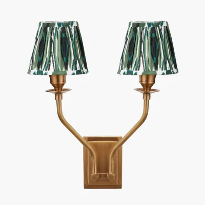 Tatiana Antique Brass Metal Double Wall Light with Izara 16cm Racing Green Ikat Patterned Mushroom Pleat Tapered Lampshade