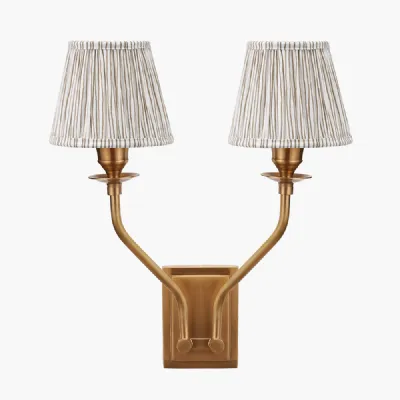 Tatiana Antique Brass Metal Double Wall Light with Thiago 16cm Natural Stripe Mushroom Pleat Tapered Lampshade